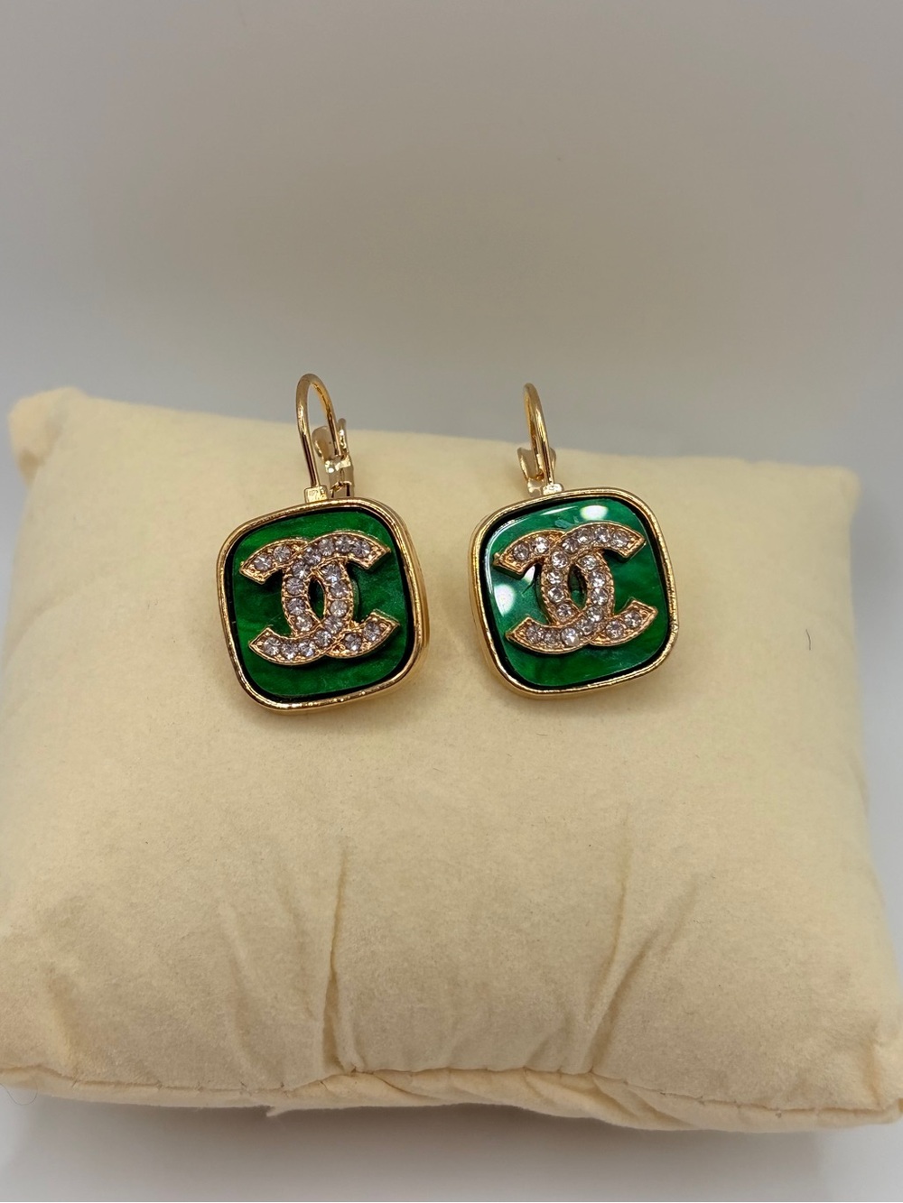 Vibrant Green & Gold Monogram Drop Earrings with Crystals